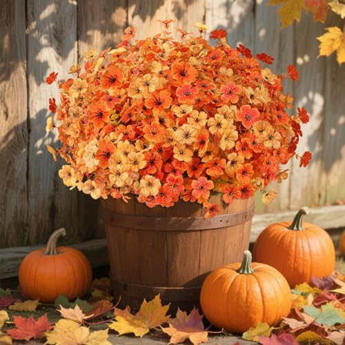 AmyHomie 16 Bundles Fall Orange Yellow Artificial Flowers for Outdoor Fall Decor UV Resistant Faux Flowers No Fade Fake Plastic Plants Garden Porch Window Box Decorating - color: Fall Yellow Orange, size: 16