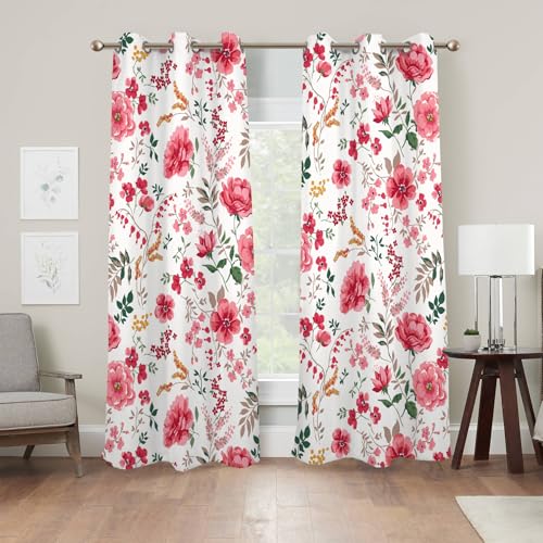 Renaiss Pink Rose Floral Curtains Red Peony Flowers Blackout Window Curtains for Bedroom Thermal Insulated Living Room Window Drapes 29W x 45L Inches 2 Panel Set, Grommet Top - color: Pink & Green, size: 29"W x 45"L (Pack of 2)