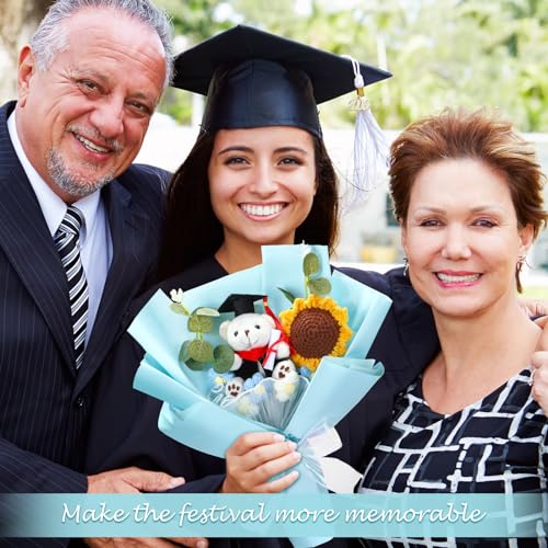 Graduation Crochet Flower Bouquet Set Includes Stuffed Bear Knitted Sunflower Daisy Eucalyptus Greeting Card Gift Bag 2026 Blue Flower Bouquet Graduation Gift - color: Blue, style: Stuffed Bear and Sunflowers