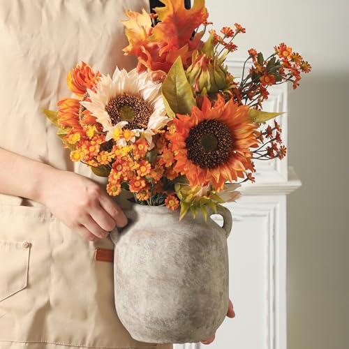 Ceramic Flower Vase Home Decor - 7.6 Inch Farmhouse Rustic Table Vases with Handle Living Room Decoration Decorative Vintage Pottery for Kitchen Shelf Coffee Dining Bookshelf Fireplace Centerpiece - color: A-7.6" Retro