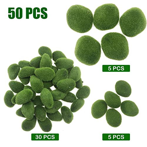 Woohome 50 PCS Artificial Moss Rocks Decorative Set, Fake Moss Rocks, DIY Mushroom and Simulation Ladybug, Fake Moss Decor for Floral Arrangements, Fairy Gardens and Crafting - color: 50pcs
