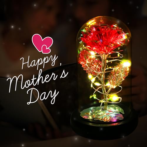 Childom Mothers Day Flowers Gifts for Mom Grandma,Birthday Gifts for Women,Valentines Gifts for Her,Mom,Women,Wife,Grandma,Light Up Rose in Glass Dome,Colorful Red Mothers Day Flowers for Delivery - color: Red Medium