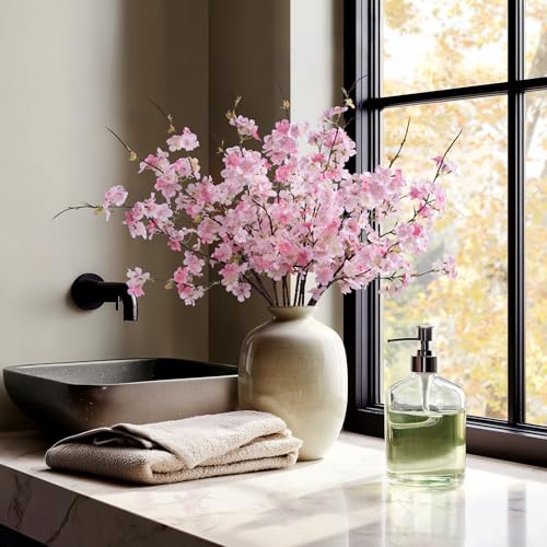 Artificial Cherry Blossom Branches 27.6In Silk Cherry Blossom Branches Long Stem Artificial Flowers for Tall Vase for Home Decor, Spring Decor, Parties & Festival Gifts,Pinkish White,12PCS - color: 12pcs Pinkish White