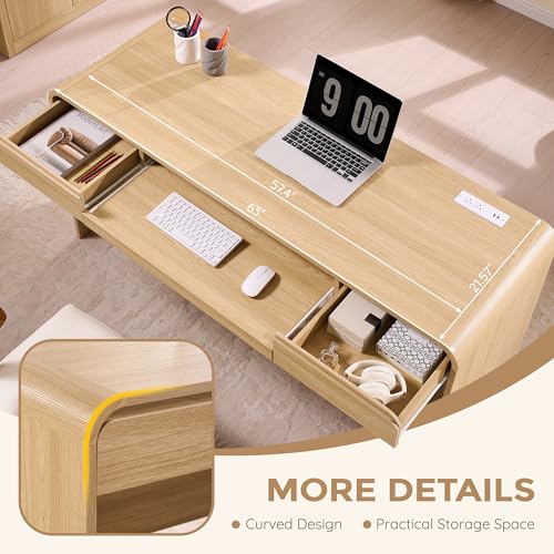63" Modern Computer Desk with 2 Drawers, Wood Curved Executive Desk with Keyboard Tray & Power Outlet, Writing Desks with Storage for Home Office, Study Room, Living Room (Natural) - color: Natural
