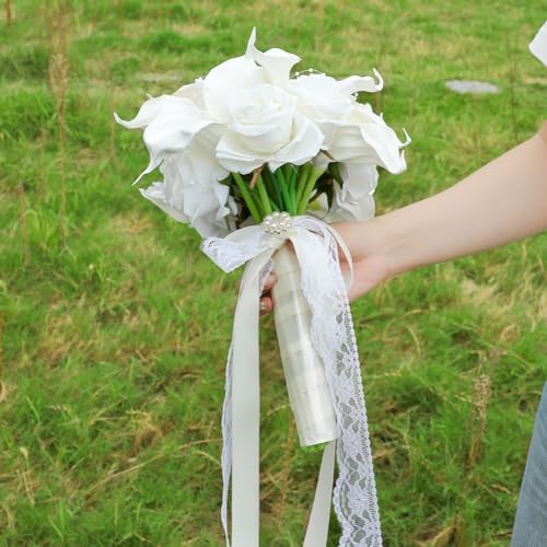9.1 Inch Cascading Bridal Bouquet Waterfall Calla Lily Cascade Bridal Wedding Bouquet for Bride with Artificial Cally Lily and Rose Flower Rustic Ivory - color: Ivory Calla Lily & Rose
