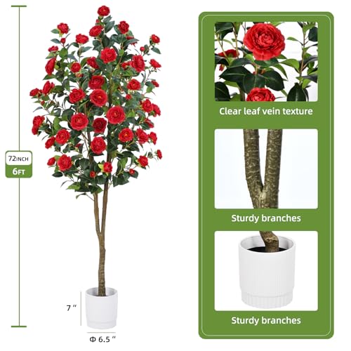 Artificial Camellia Tree 6FT – Faux Plants Indoor, with Easy Assembly, Low Maintenance, Ideal for Both Indoor Decoration and Other Purposes，Perfect Porch Christmas Trees (Red 6ft) - color: Red 6ft