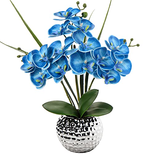 Briful Orchids Artificial Flowers, 20'' Blue Faux Orchid Flowers with Silver Vase Fake Phalaenopsis Silk Flowers for Home Coffee Table Bathroom Office Kitchen Decor - color: Blue #004