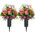 Set of 2 Artificial Cemetery Flowers, Artificial Rose Lily Grave Memorial Flowers with Black Plastic Vase for Cemetery Headstones Gravesite Decoration