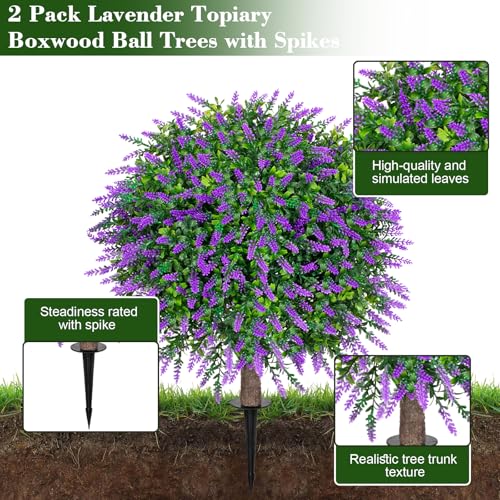 2PCS Faux Boxwood Plants Outdoor Artificial Topiary Ball Trees | Fake Lavender Bush & Shrub / UV Resistant / No Fade / Sturdy Build / No Maintenance / with Spike / Front Porch Decor - color: Lavender