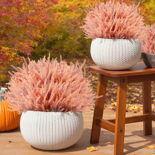 Artificial Fall Flowers Faux Mums for Outdoor, 15 Bundles Fake Flower Lavender UV Resistant Faux Plants No Fade for Front Door Porch Garden Yard Patio Outside Autumn Decor(Orange Red) - color: Orange Red
