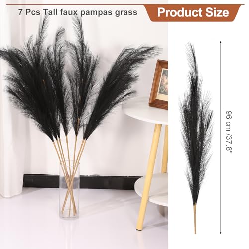 PATIKIL 37.8in Tall Pampas Grass Decor, 7pcs Large Artificial Pampas Grass Bulk Long Fluffy Faux Pampas Grass Dried for Home Boho Decor Vase Wedding Wall Ground, Black - color: Black