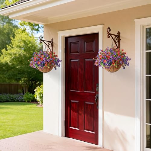 Artificial Flowers Hanging Baskets, Multicolor 12 Bundles Faux Flower Outdoor Hanging Basket Spring Summer Decoration, Fake Plants for Porch Patio Balcony Home Yard Decor(Mixd 2) - color: Light/Deep Purple,red,brown