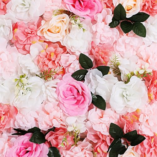 DNYSYSJ Flower Wall 12PCS 23.62" x 15.75" x 0.79" Lifelike Pink Hydrangea Artificial Pink Rose Flowers Panel Silk Fabric Wall Mat - color: Pink and White, size: 12 pieces