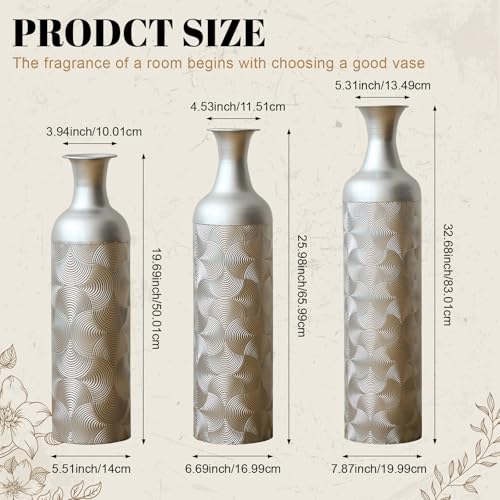 Tall Floor Vases Set of 3 for Decor Living Room Floor, Silver Vases Home Decor, Embossed Body Pattern, 32.68" H/25.98" H/19.69" H Geometric Cylinder (Silver 1) - color: Silver 1