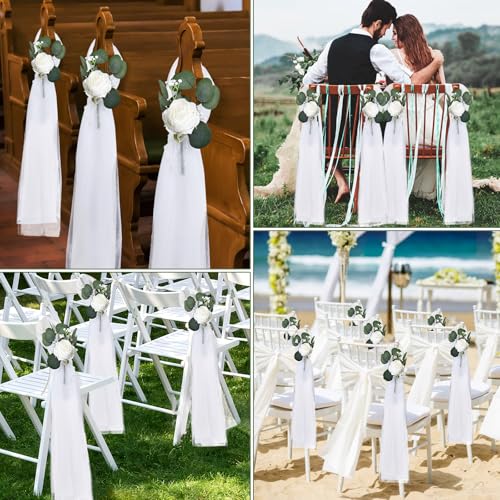 20 Sets Wedding Aisle Decorations, 39.4 Inches Artificial Silk Rose Flowers with Long Tulle Tails for Church Pew Chair Bench, Ceremony Reception Party Bridal Shower Arrangements - White - color: White