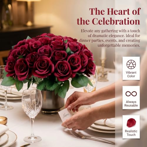 52pcs Burgundy Roses Artificial Flowers Fake Flowers Silk Roses with Stems for DIY Wedding Bouquets Bridal Shower Centerpieces Arrangements Party Decorations - color: Burgundy
