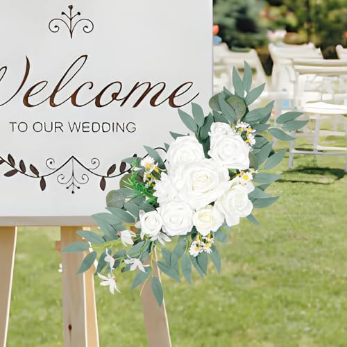 Wedding Arch Faux Flowers Set of 2, Wedding Welcome Signs Greenery Garland Decoration for Ceremony, Reception, Backdrop (White) - color: White-1