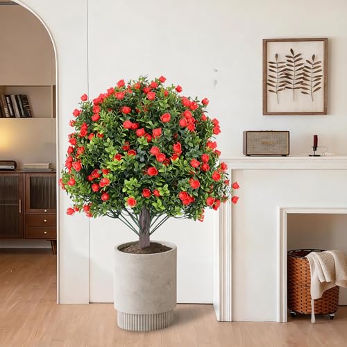 Set of 4 Artificial Boxwood Topiary Ball Trees with Red Flowers, 24" UV Resistant Fake Shrubs with Ground Spike, Faux Greenery for Garden, Yard, Porch, Patio & Indoor Outdoor Decor