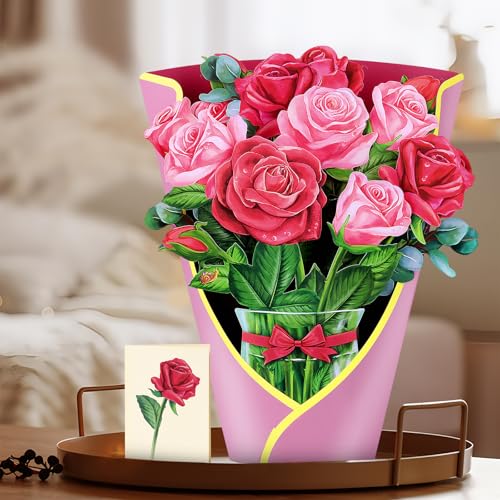 Airpark Pop Up Flower Bouquet Card for Women, 3D Floral Greeting Card with Envelope and Note, Birthday Thank You Thinking of You Get Well Gift for Mom Friend Wife Teacher, Rose - style: Red and Pink Roses