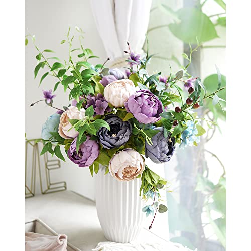 FiveSeasonStuff Dusty Purple & Greenery Accents Artificial Peony Bouquet, Two Coordinating Faux Silk Flower Bundles with Hydrangeas - color: Dusty Purple Green Mix