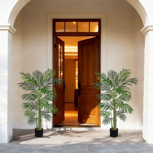 Hollyone Fake Palm Tree Decor 4FT with Planter Artificial Palm Tree Faux Tropical Areca Floor Plant in Pot with 3 Textured Trunks Silk Plant for Home Garden Outdoor Indoor Office Decor - color: 4ft