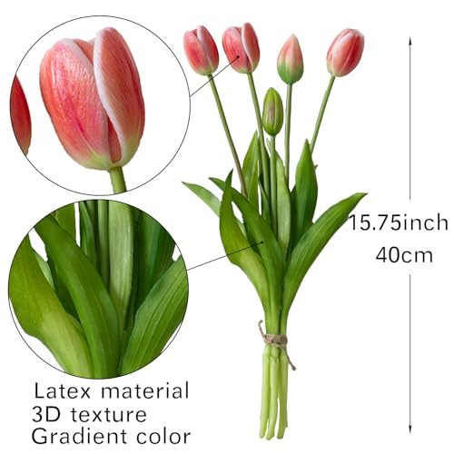 DUYONE 15Pcs Artificial Tulips Flowers, Soft Touch Realistic Latex Tulips Bouquet for Home Office Wedding Party Garden Decor, Fake Flowers for Centerpieces Dining Table Living Room Spring-B Coral Pink - color: B Style-15pcs Coral Pink (No Vase)