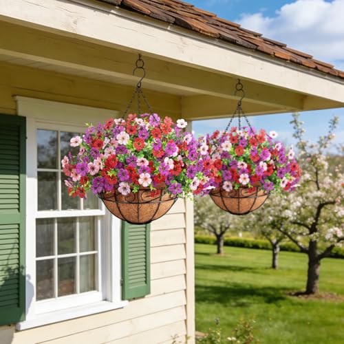 Artificial Fake Hanging Flowers Plants Basket Outdoors, Faux Silk UV Resistant Look Real Daisy Eucalyptus for Spring Summer Garden Porch Home Patio Balcony Yard Decorations, Red Purple Pink - color: Red and Purple and Pink