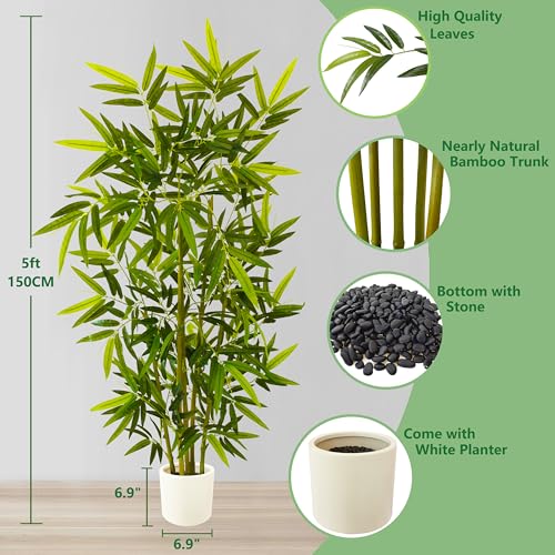 Warmplants Artificial Bamboo Tree, 5ft Tall Fake Bamboo Plant with White Planter, Faux Trees with 5 Trunks and Lifelike Leaves for Indoor Outdoor Home Office Décor - color: Bamboo, size: 5ft