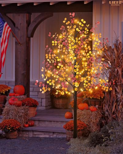 Uieke 6FT 96LED Lighted Thanksgiving Eucalyptus Tree Artificial Tree with 24PCS Pumpkin Lights 8 Modes Thanksgiving Fall Decorations for Home Autumn Decor Indoor Outdoor - style: 6FT Fall Tree(1Pack)