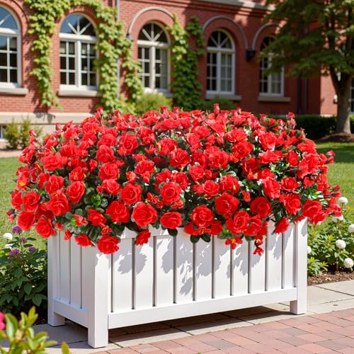 Alupssuc 8 Large Bundles Artificial Flowers for Outdoors Spring Decoration, UV Resistant Faux Flowers Silk Camellia Realistic Fake Flowers for Yard Patio Planter Porch Balcony Garden, Red - color: Red