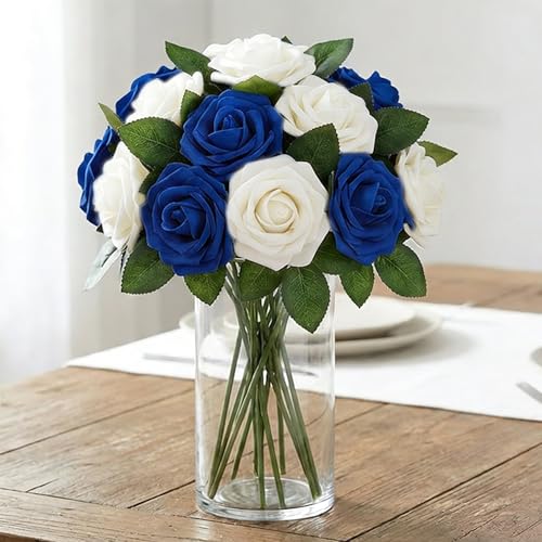 100Pcs Real Looking Blue and White Blend Artificial Rose Flower Heads, Foam Fake Roses for DIY Wedding Decorations Baby Shower Centerpieces Home Party Valentine's Day Mother's Day Decor - color: 100pcs Blue and White Ombre