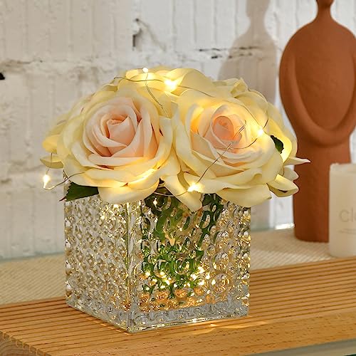 Fule Artificial Silk Rose Flower Centerpiece Arrangement in Glass Vase with LED Light for Home Wedding Decoration (Champagne) - color: Champagne