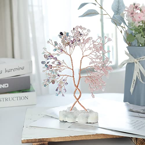 mookaitedecor Natural Rose Quartz & Fluorite Crystal Tree with Double Heart Rock Quartz Crystal Cluster Stone Base Bonsai Money Tree of Life Home Wedding Decoration - color: Pink & Multicolor
