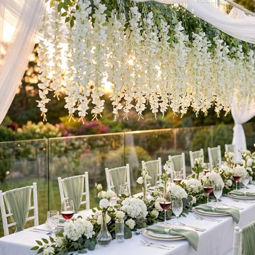 24 Pack Wisteria Hanging Flowers, Fake Hanging Flowers, 3.61 Ft Artificial Flower Vines Strings, Silk Wisteria Flowers for Home Wedding Arch Outdoor Party Garden Yard Decor (White) - color: White, size: 24 Pack
