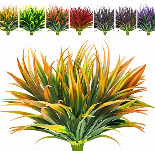 8 Pcs Outdoor Fake Plants UV Resistant Artificial Tall Grass Plants Faux Tropical Flowers Bushes Fall Winter Summer Planters Yard Patio Front Porch Décor Plastic Greenery Shrubs Decoration - color: Yellow Grass Plant, size: 8pcs