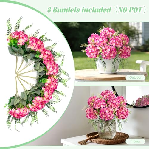 Ammyoo Artificial Hydrangea Flowers Silk Rose Red Fake Flower with Eucalyptus for Outdoor Decorations UV Resistant Realistic Faux Plants for Garden Porch Window Box Indoor Bathroom Dining Table Decor - color: Rose Red