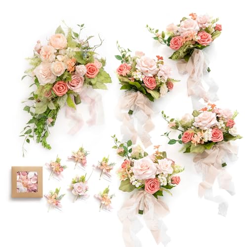 Ling's moment Wedding Artificial Flowers Package, Bridal Bouquet, Bridesmaid Bouquets, Boutonniere for Men, Rose Petals.Peach Smoothie Blush - color: Pk-peach Smoothie & Blush