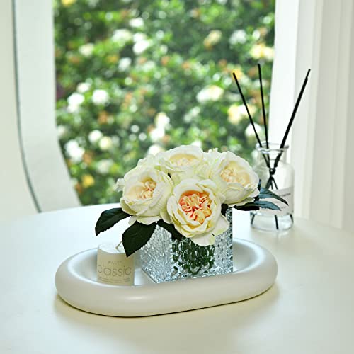Artificial Peony Silk Flower Centerpieces Faux Floral Arrangement in Glass Vase for Home Wedding Table Decoration (Champagne) - color: A-champagne