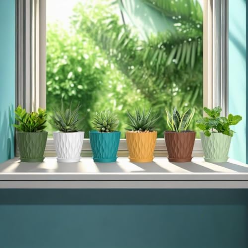 5 Inch Planter Pots, 6 Pack Indoor Planters, Small Flower Pots with Drainage Holes and Tray for Succulents, Orchids, Herbs and Other Indoor Plants (Multicolor, 5inch) - color: Colorful, size: 5inch