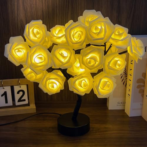 Drawelry Rose Flower Tree Lamp - LED Rose Tree Table Lamp USB/Battery Powered Artificial Bonsai Flower Night Light for Bedroom Living Room Party Wedding Valentines Mothers Day Decor (Cream) - color: Cream