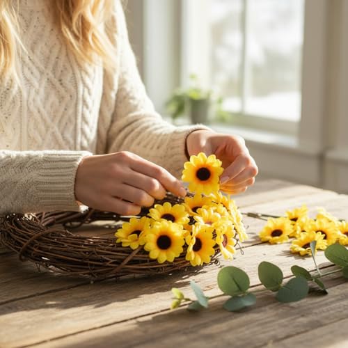 100 Pcs Sunflowers Artificial Flower Heads, Yellow Mini Fake Sunflowers Decorative Fabric Flowers Craft Floral Embellishments Silk Sun Flower Head Decorations DIY Wedding Floral Home Decor