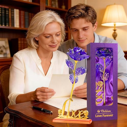 Childom Mothers Day Rose Gifts for Mom,Birthday Gifts for Women,Mothers Day Flowers Gifts for Mom from Daughter Son,Purple Artificial Flower Gift with Love Stand for Wife,Grandma,Daughter,Anniversary - color: Colorful Purple With Love Stand