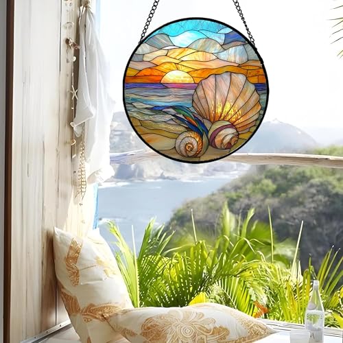 Stained Glass Window Hanging - Colorful Beach Shells Conch Sun Catcher for Door Home Decor Ocean Suncatcher Christmas Mother's Day Birthday Sea Lover Gifts for Women Men Mom Nana 15 in - color: Colorful, size: 15x15 IN
