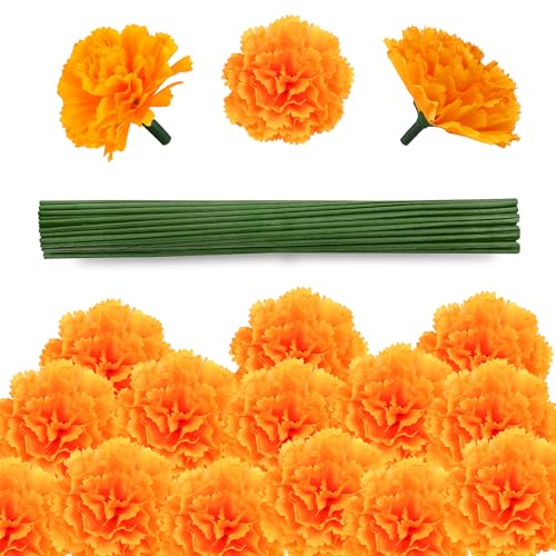 50 Pcs Artificial Marigold Flowers,2" Silk Marigold Flower Heads with Stems,Orange Flowers Artificial for Diwali Decor,Indian Wedding,Home,DIY Wreath Garland,Day of The Dead Decorations - color: Orange-2inch