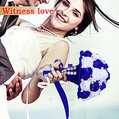 7Inch Handmade Wedding Flowers Bridal Bouquets Crystal Bride Holding Bouquet White Ivory Satin Roses with Diamond Pearl Ribbon.(bluewhite) - color: Bluewhite