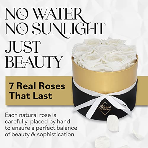 GLAMOUR BOUTIQUE Eternal Preserved Roses in a Box, Flowers Forever, Rose Forever in a Box for Wife or Her, Lasting Real Flower Gift, Elegant Luxury Floral Home Decor, 7 Roses, White (Color-Treated) - color: White 7 Roses, size: 7 Roses
