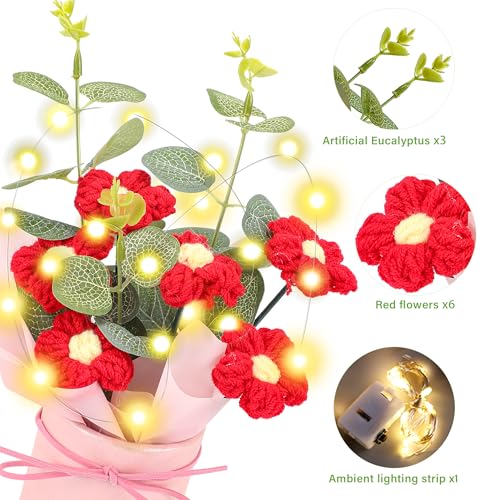 Vynora Crochet Flower Bouquet, Valentine's Day Crochet Bouquet of Flowers, Handmade Knitted Flowers with Card for Anniversary, Birthday, Wedding, Gift for Women (Red) - color: Red