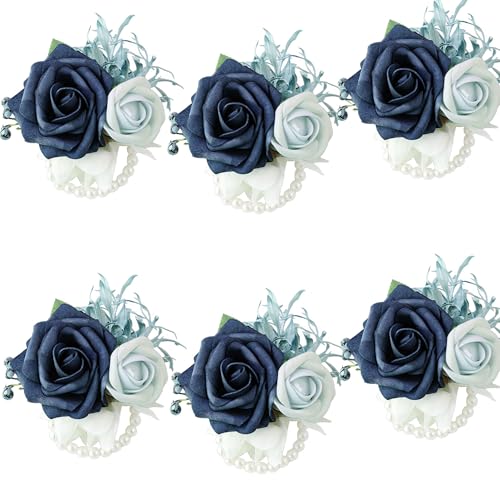 6Pcs Navy Blue Faux Foam Rose Women Wrist Corsages for Wedding Prom | Fake Foam Rose Corsages Wristlet for Wedding Prom Bride Bridesmaids Homecoming Party Ceremony Anniversary - color: Blue Wrist Corsage