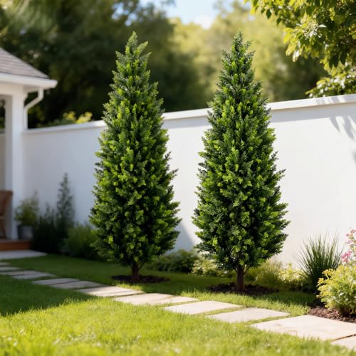 Artificial Cedar Topiary Trees 4ft Set of 2,Fake Shrubs with Ground Spike,UV Resistant Cypress Tree,Faux Bushes for Outdoors,Fake Plants for Outdoor Indoor Front Porch Patio Garden Decor