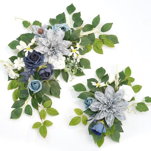Wedding Decor (Pack of 2) Welcome Sign Flower Backdrop Garland for Ceremony Reception Wall Easel Home Decoration Entryway Faux Outdoor Board Head Table Decor (Dusty Blue & Navy) - color: Dusty Blue & Navy